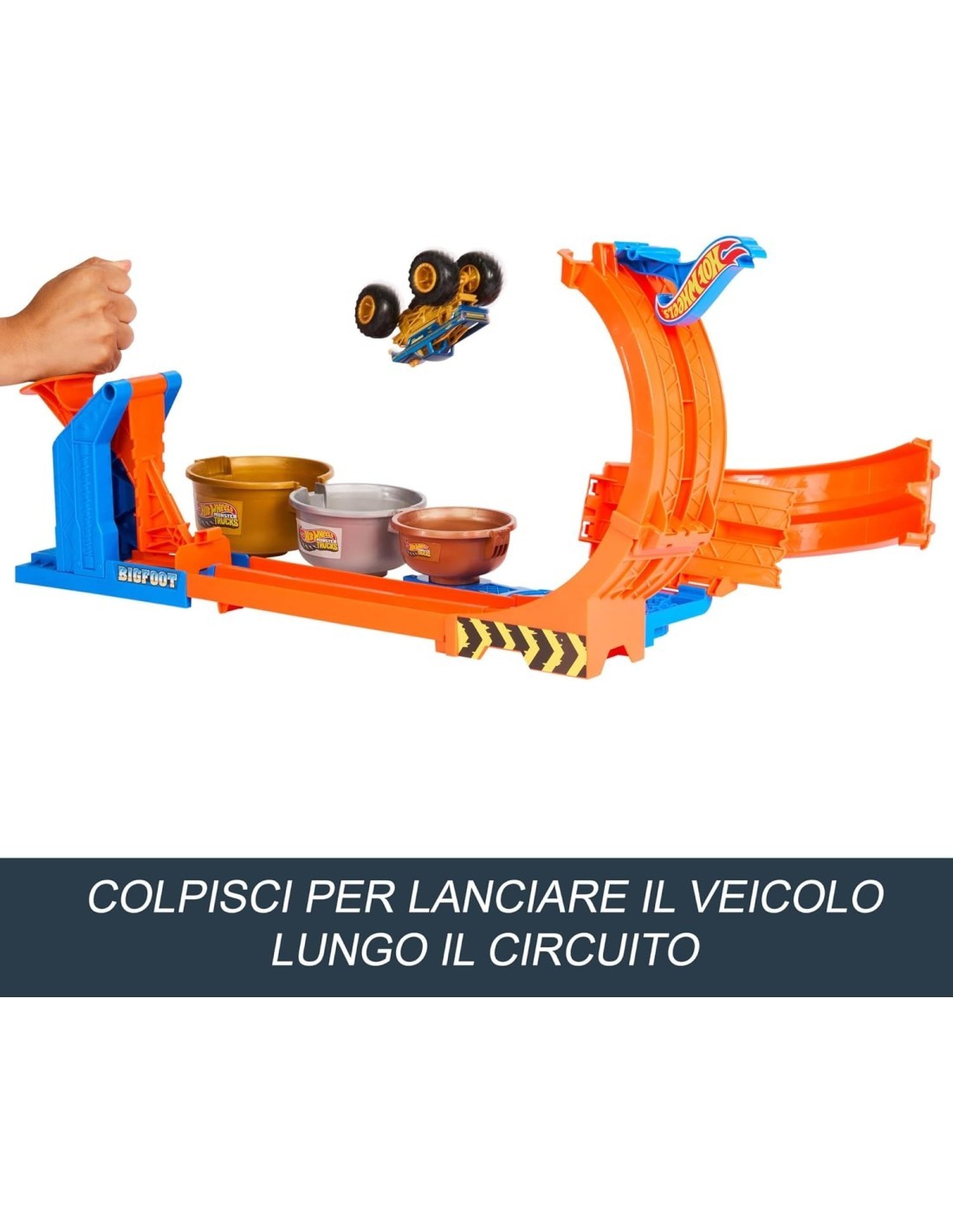 Hot Wheels Monster Trucks Sfida Trofeo Gira e Capovolgi - Playset con Bigfoot 50° Anniversario