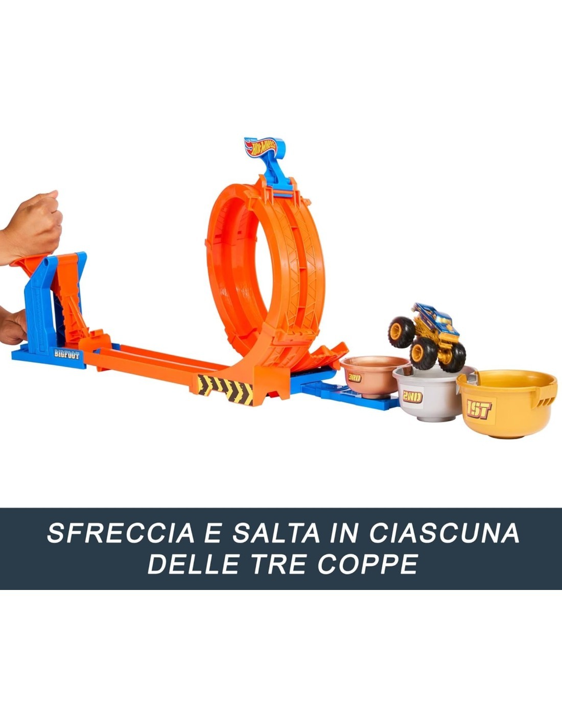 Hot Wheels Monster Trucks Sfida Trofeo Gira e Capovolgi - Playset con Bigfoot 50° Anniversario