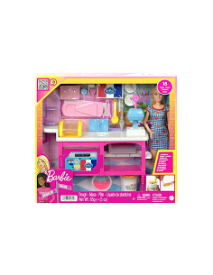 BARBIE  PLAYSET CAFFETTERIA HJY19, BAMBOLA MALIBU, 18 ACCESSORI PASTICCERIA, GIOCO PER BAMBINI 5+ ANNI