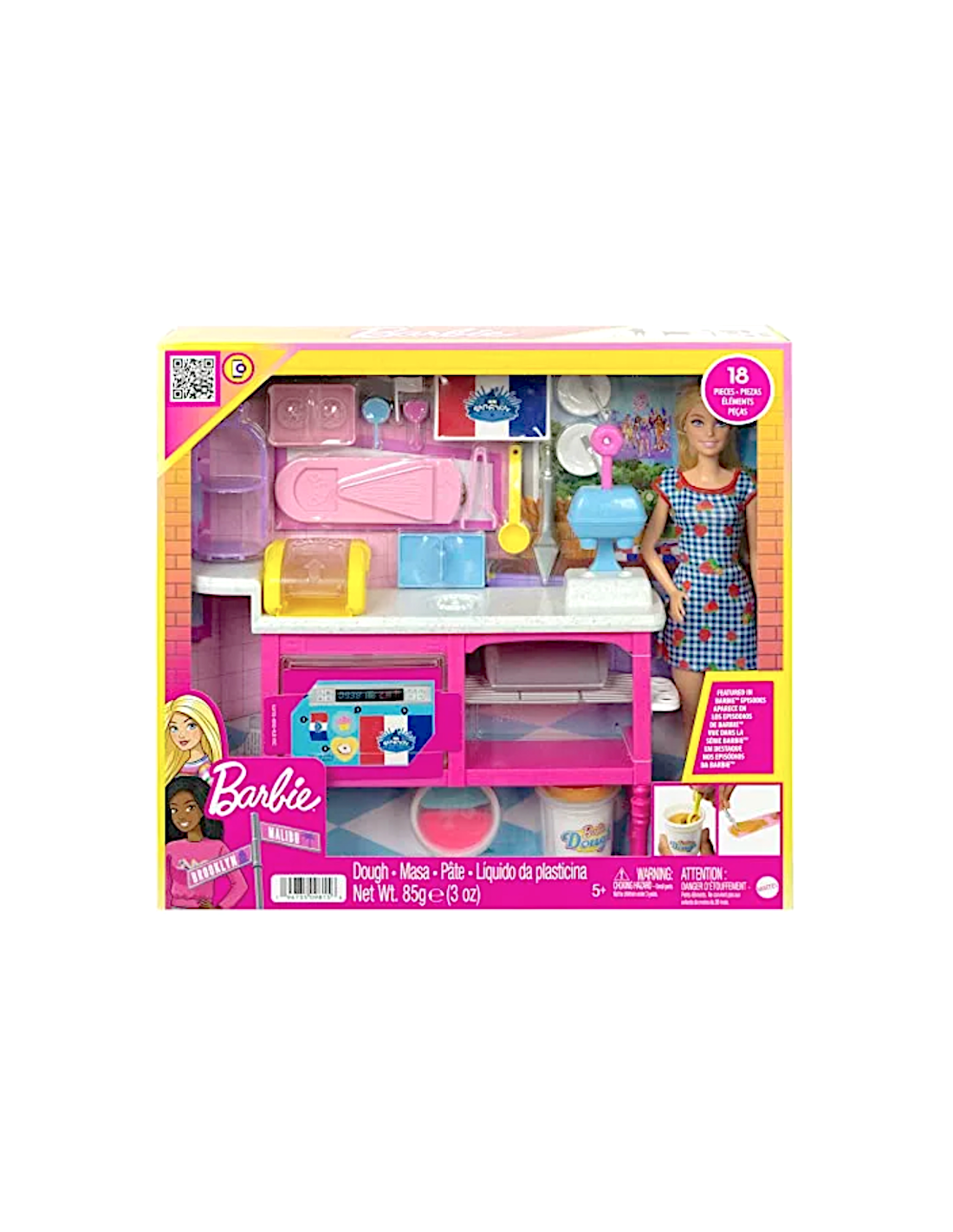 BARBIE  PLAYSET CAFFETTERIA HJY19, BAMBOLA MALIBU, 18 ACCESSORI PASTICCERIA, GIOCO PER BAMBINI 5+ ANNI