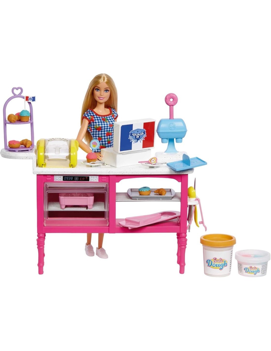 BARBIE  PLAYSET CAFFETTERIA HJY19, BAMBOLA MALIBU, 18 ACCESSORI PASTICCERIA, GIOCO PER BAMBINI 5+ ANNI