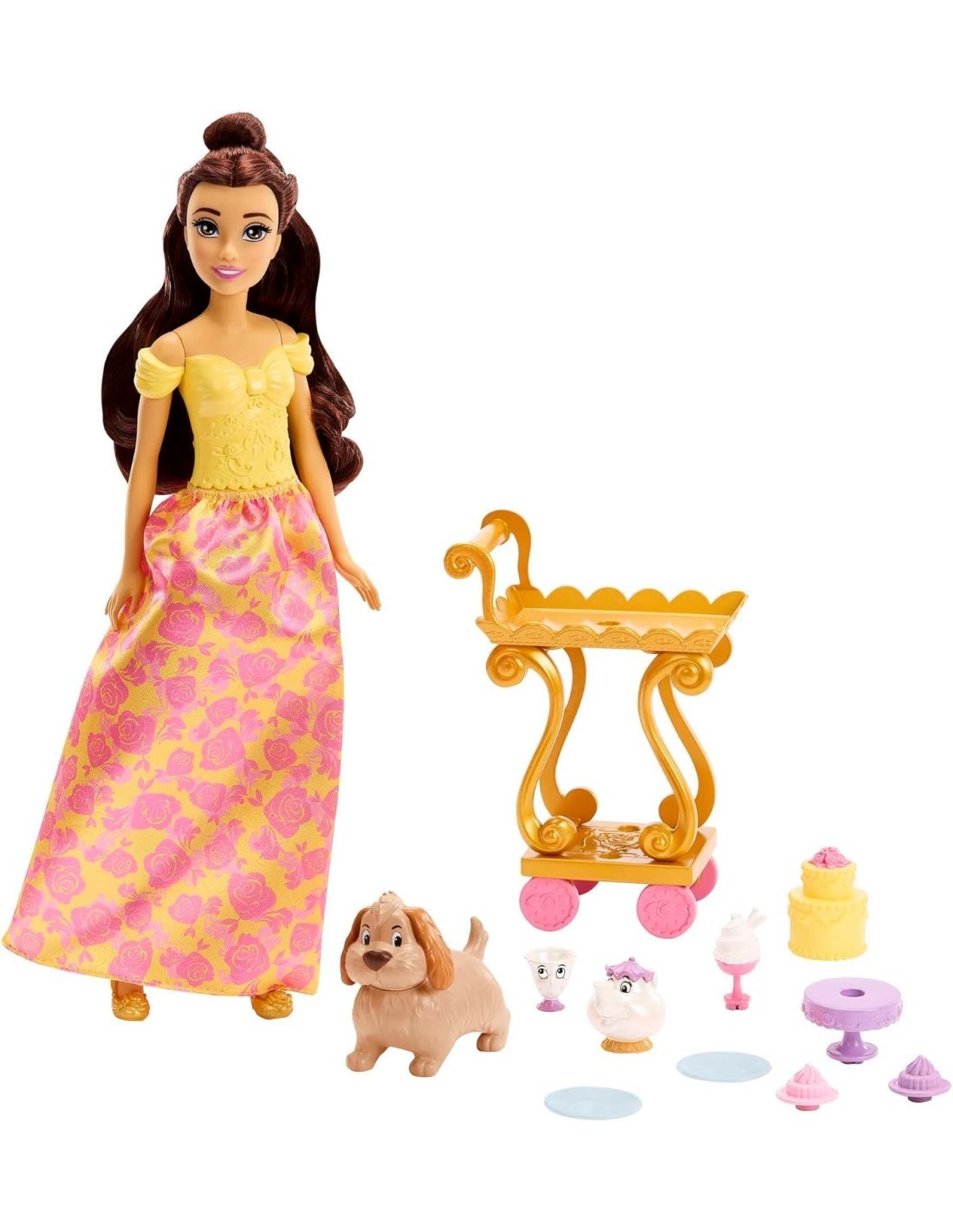 DISNEY PRINCESS SET DA TÈ DI BELLE, PLAYSET HLW20, BAMBOLA CON VESTITI SCINTILLANTI, ACCESSORI, GIOCATTOLI BAMBINE 3+