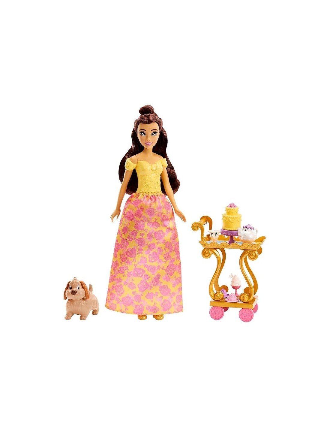 DISNEY PRINCESS SET DA TÈ DI BELLE, PLAYSET HLW20, BAMBOLA CON VESTITI SCINTILLANTI, ACCESSORI, GIOCATTOLI BAMBINE 3+