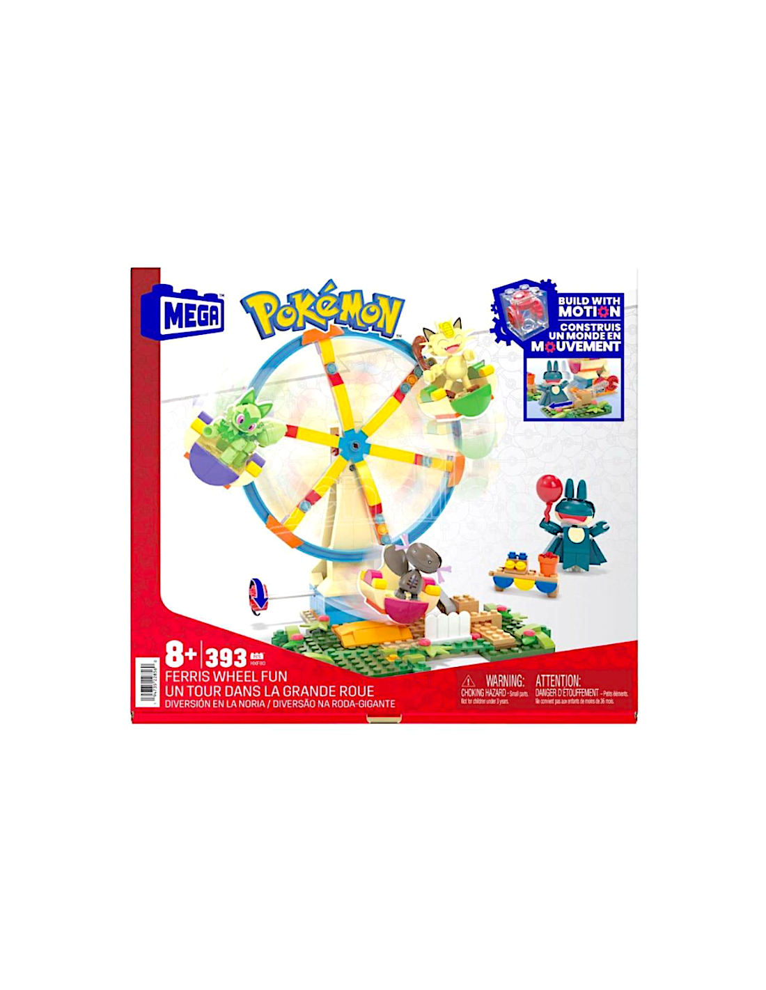MEGA POKÉMON HXF80, RUOTA PANORAMICA, SET COSTRUZIONI CON PIKACHU, PANCHAM E POKÉ BALL, GIOCO BAMBINI +6 ANNI