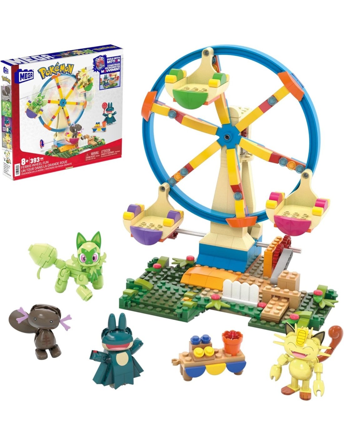 MEGA POKÉMON HXF80, RUOTA PANORAMICA, SET COSTRUZIONI CON PIKACHU, PANCHAM E POKÉ BALL, GIOCO BAMBINI +6 ANNI