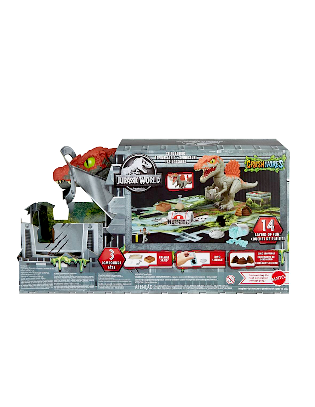 MATTEL JURASSIC WORLD CRUSHIVORES, SPINOSAURO CAGE CRASHER, DINOSAURO, ACCESSORI, SABBIA, GEL, PASTA MODELLABILE, 4+ ANNI, HTP71