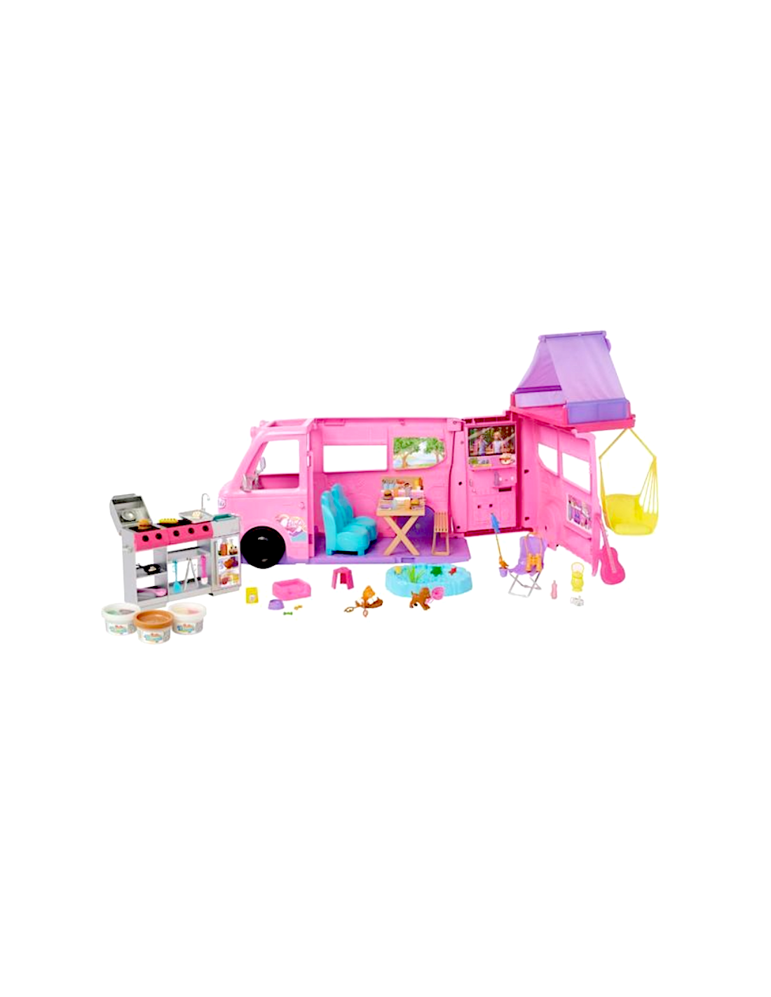 BARBIE, CAMPER DEI SOGNI, TENDA SUL TETTO, BARBECUE CAMBIA COLORE, OLTRE 60 ACCESSORI, PLAYSET MATTEL