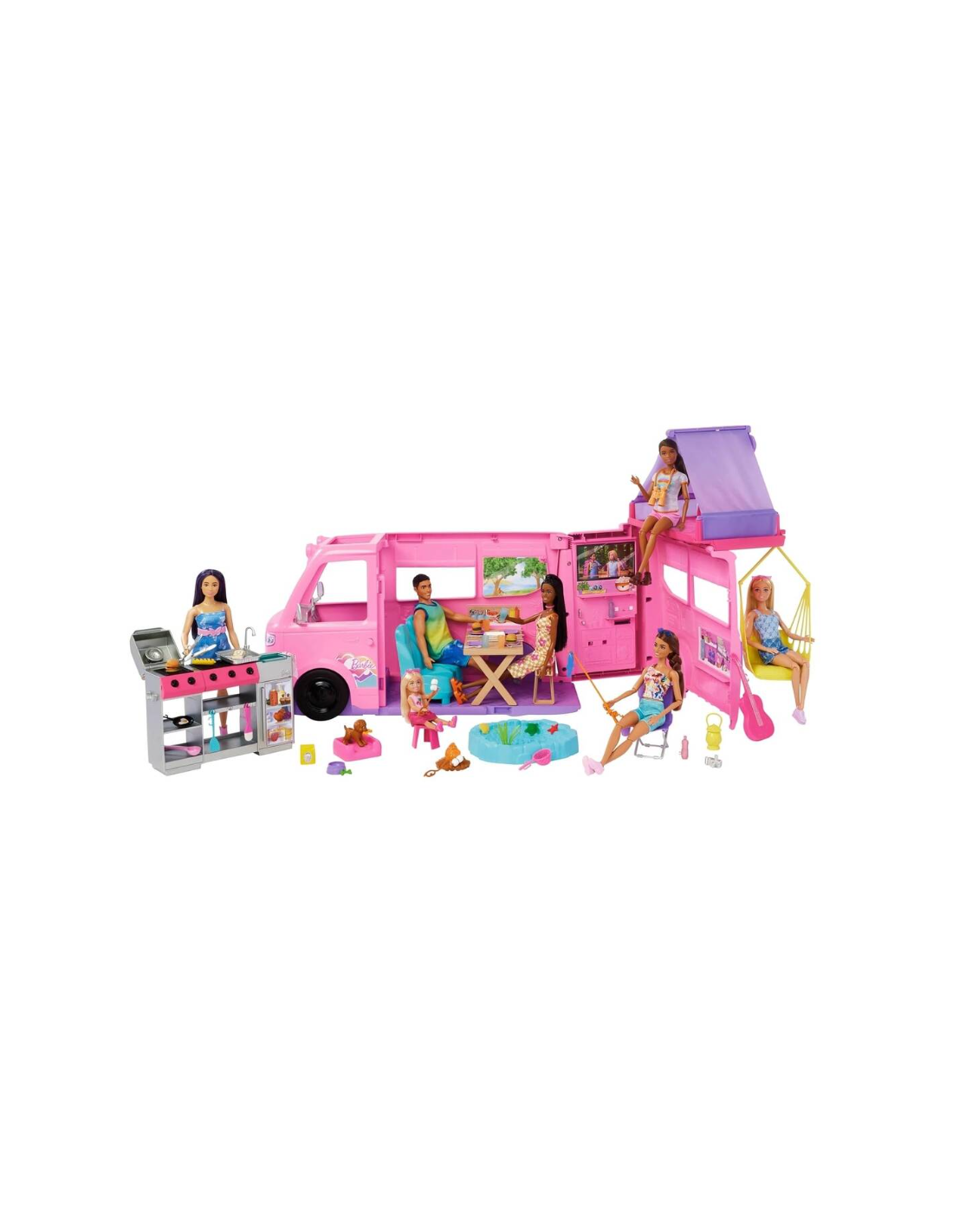 BARBIE, CAMPER DEI SOGNI, TENDA SUL TETTO, BARBECUE CAMBIA COLORE, OLTRE 60 ACCESSORI, PLAYSET MATTEL