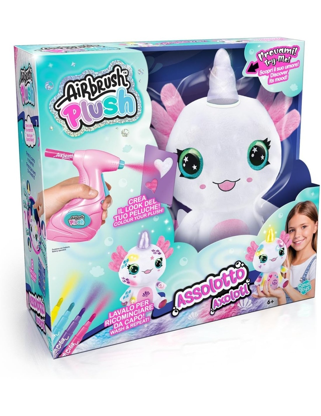 Airbrush Plush Axolotl 32 cm – Peluche Interattivo con Aerografo, Stencil, Luci e Guida Emozioni