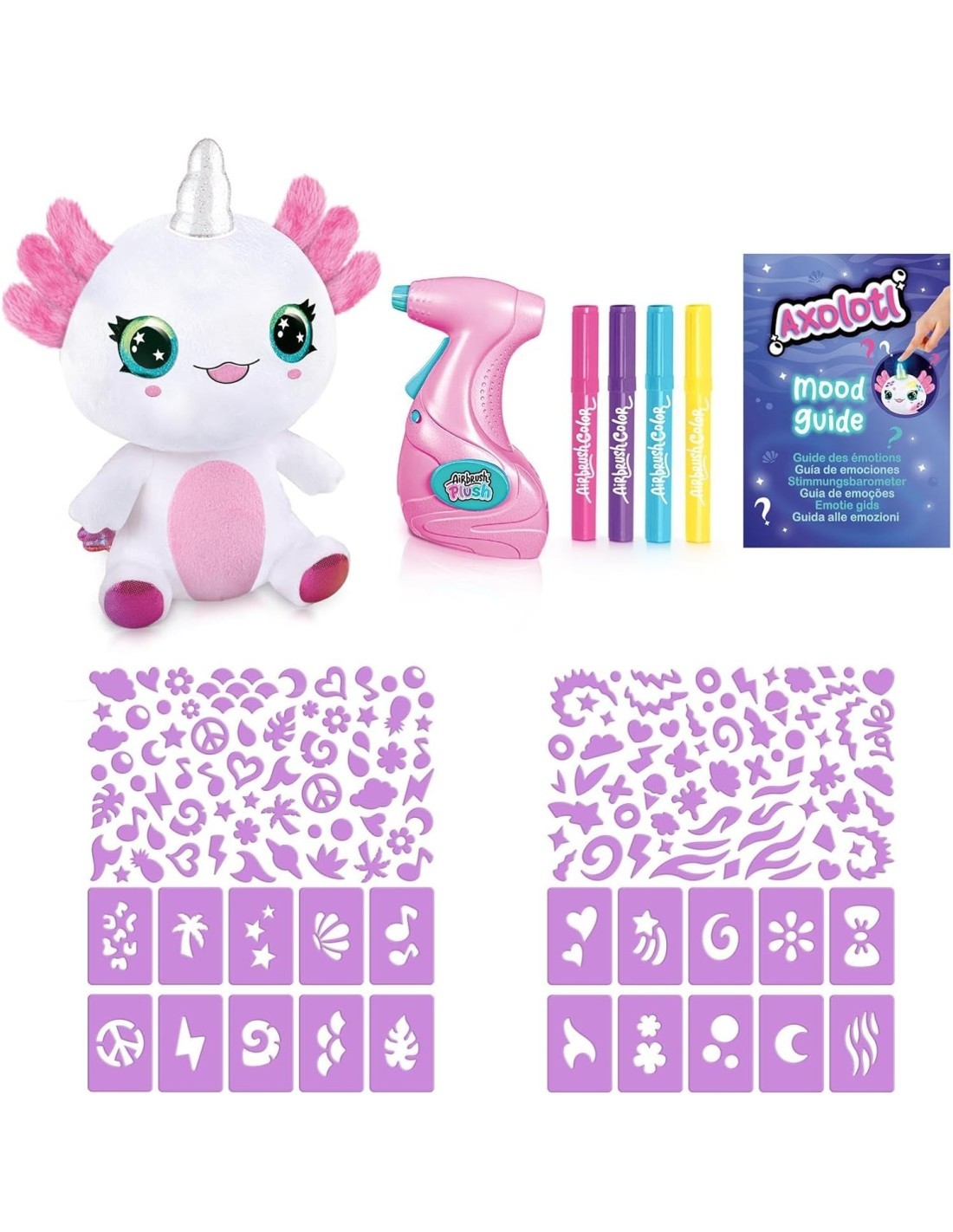 Airbrush Plush Axolotl 32 cm – Peluche Interattivo con Aerografo, Stencil, Luci e Guida Emozioni