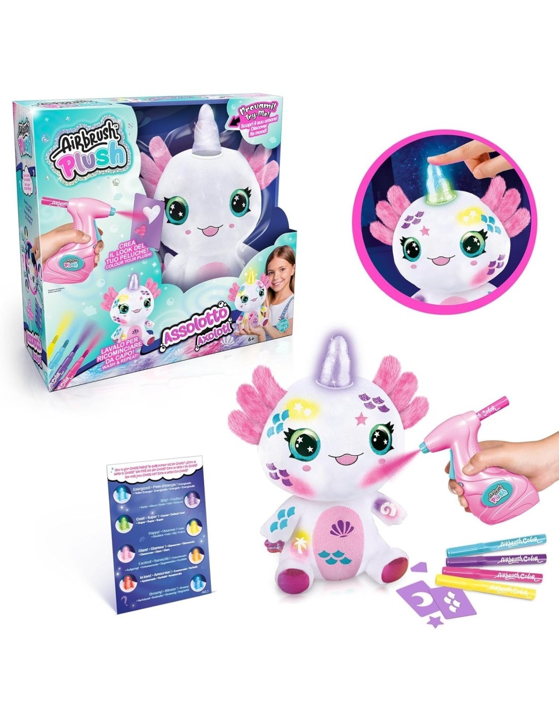 Airbrush Plush Axolotl 32 cm – Peluche Interattivo con Aerografo, Stencil, Luci e Guida Emozioni