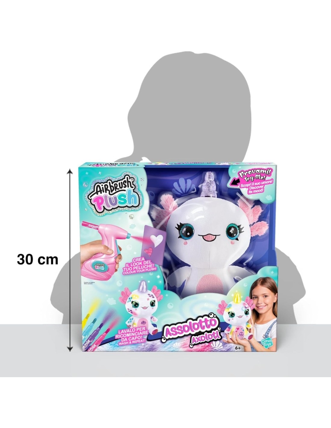 Airbrush Plush Axolotl 32 cm – Peluche Interattivo con Aerografo, Stencil, Luci e Guida Emozioni