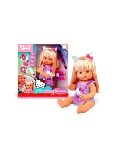 NENUCO, BAMBOLA 35CM, CORPO DURO, CAPELLI LUNGHI BIONDI, ACCESSORI DI PARRUCCHIERE, VESTITO HELLO KITTY