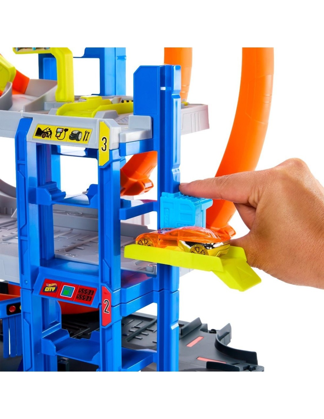 Hot Wheels City Mega Loop Garage - Playset Multilivello con Auto e Elicottero