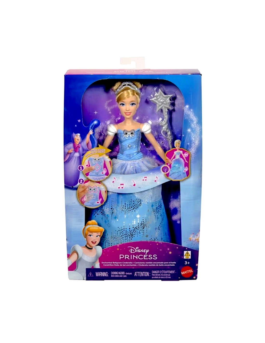 MATTEL PRINCESS CENERENTOLA BALLO INCANTATO, ABITO CON LUCI, BACCHETTA MAGICA CON SUONI