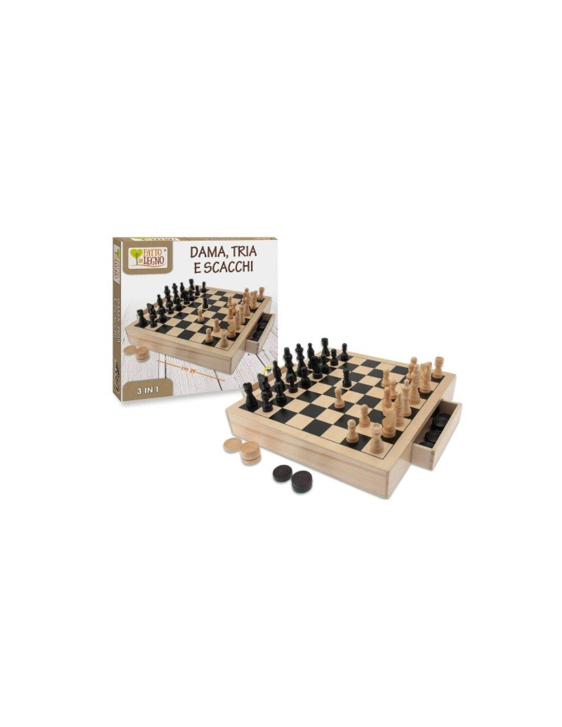FATTO DI LEGNO 40604 GIOCO 3IN1 DAMA/TRIA/SCACCHI su TreG Ingrosso