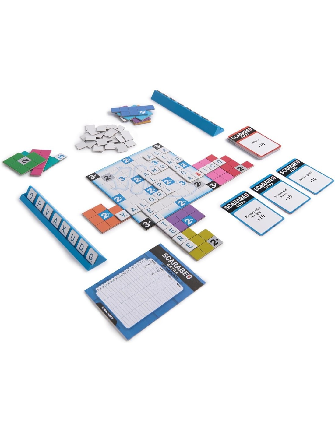 Scarabeo Extra, espansione del gioco Scarabeo, 2 giochi da tavolo in 1, carte-sfida e plance colorate, 2-4 giocatori, 8+ anni