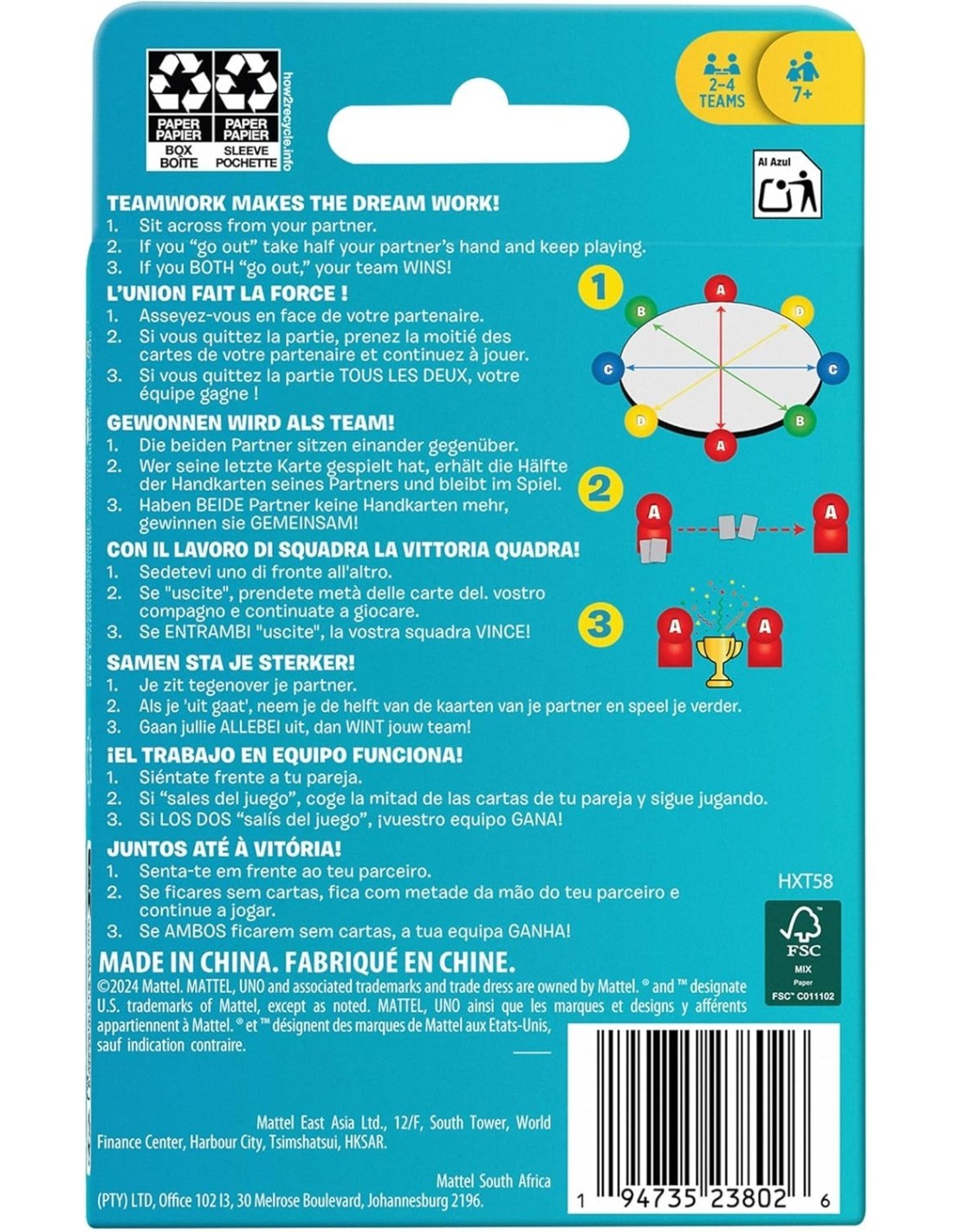 MATTEL GAMES, UNO TEAMS, VERSIONE A SQUADRE, GIOCO DI CARTE, 4 SQUADRE, 7+ GIOCO UNO TEAMS