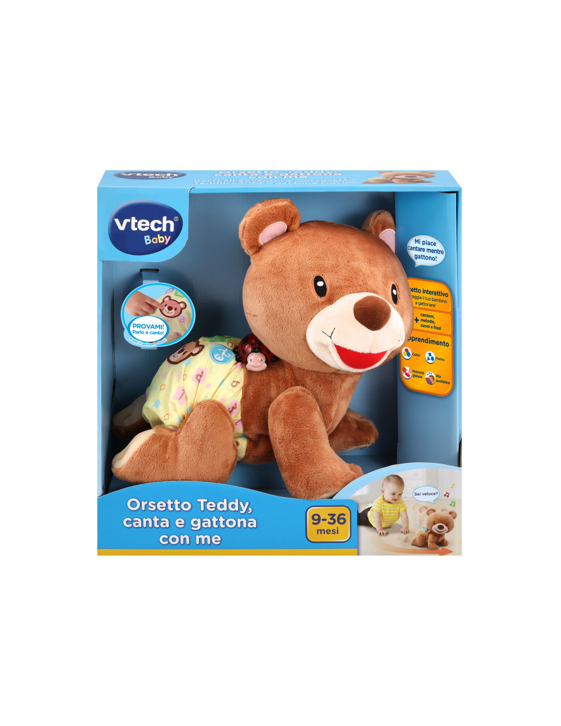 Baby Teddy Canta e Gattona, Orsacchiotto Interattivo per Neonati, Pulsanti Interattivi, Melodie e Canzoni