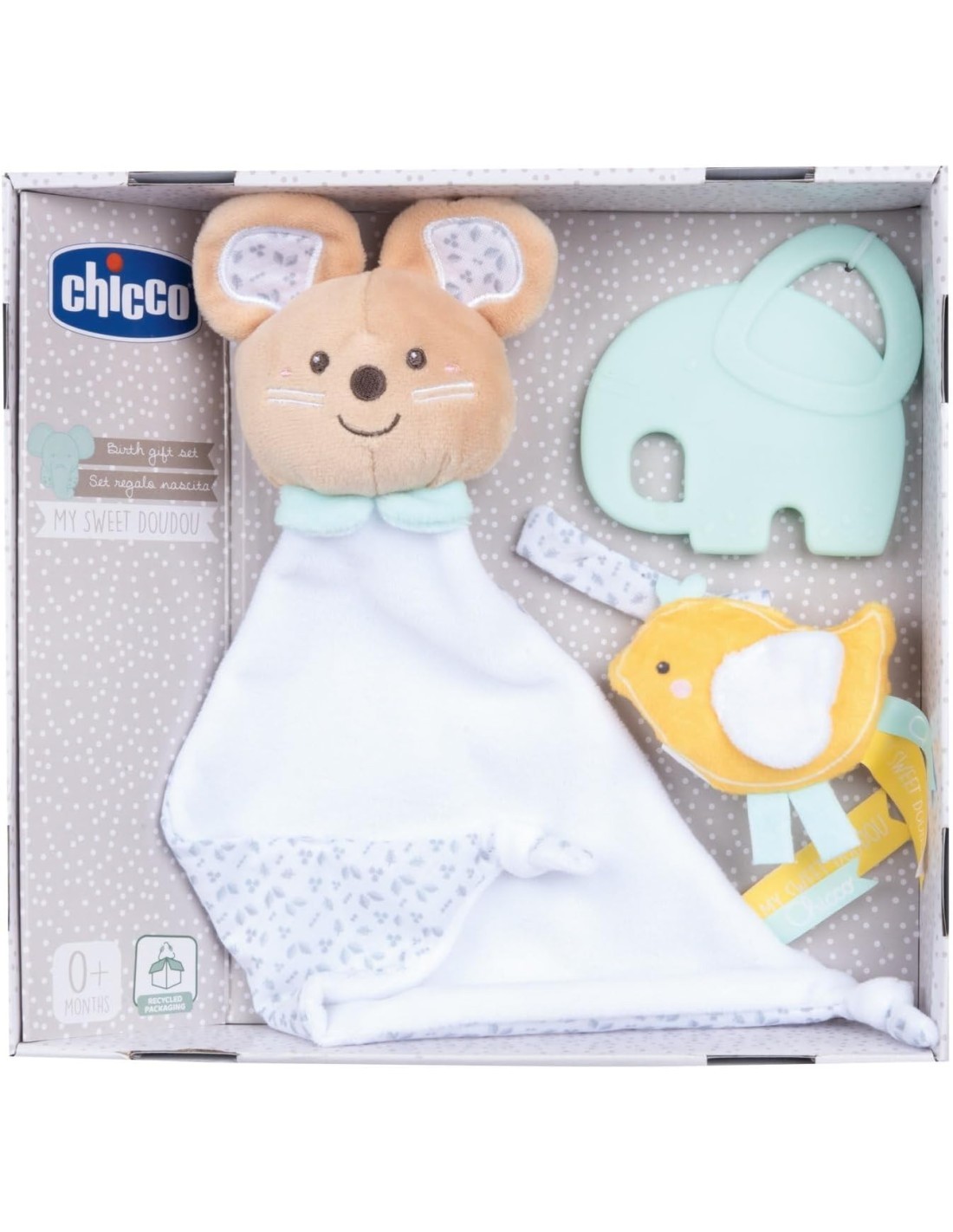 Chicco Set Regalo Nascita My Sweet DouDou - Copertina Topolino, Portaciuccio Velluto, Massaggiagengive Elefantino