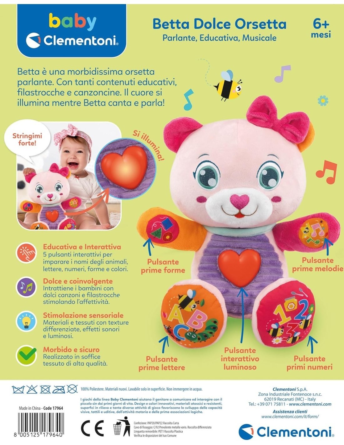 Betta Dolce Orsetta Baby Clementoni – Peluche Parlante Interattivo Educativo 6m+