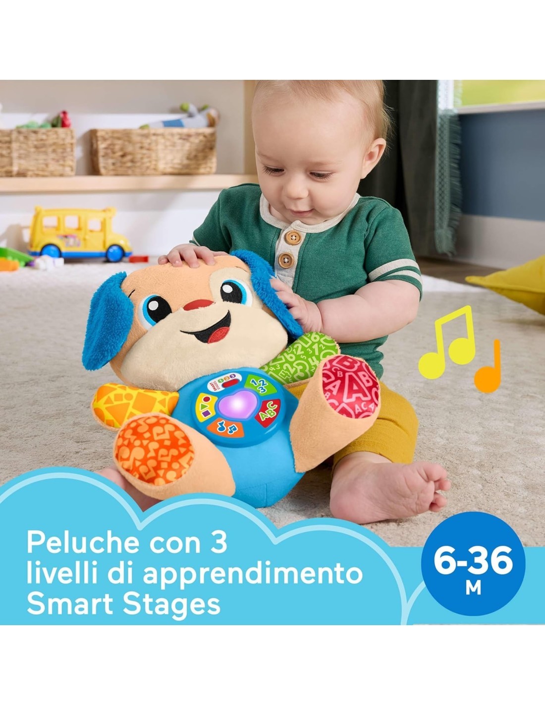 Fisher-Price – Cagnolino Ridi e Impara Smart Stages Multilingue, Peluche Musicale Interattivo 6+ mesi