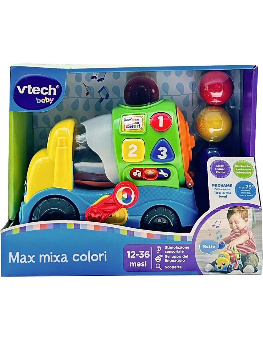 MAX MIXA COLORI, CAMIONCINO PARLANTE, 5 MELODIE, RICONOSCE E MIXA COLORI, 12-36 MESI