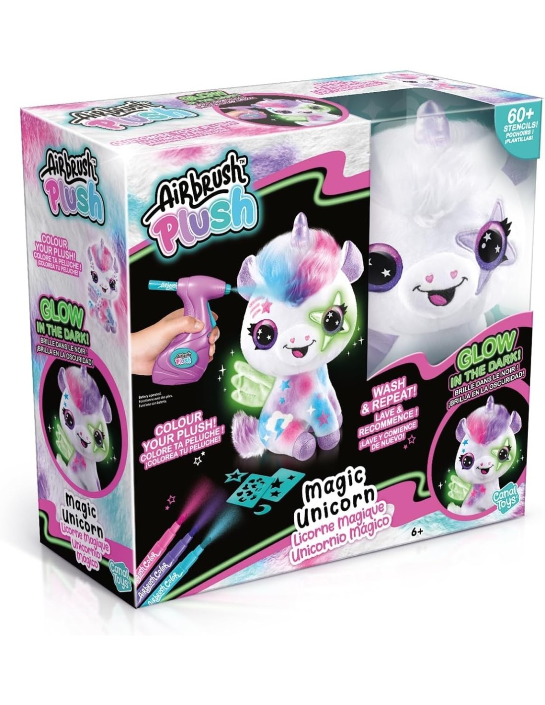Rocco Giocattoli, Airbrush Plush Unicorno, Unicorno Brilla al Buio, Colorare e Personalizzare