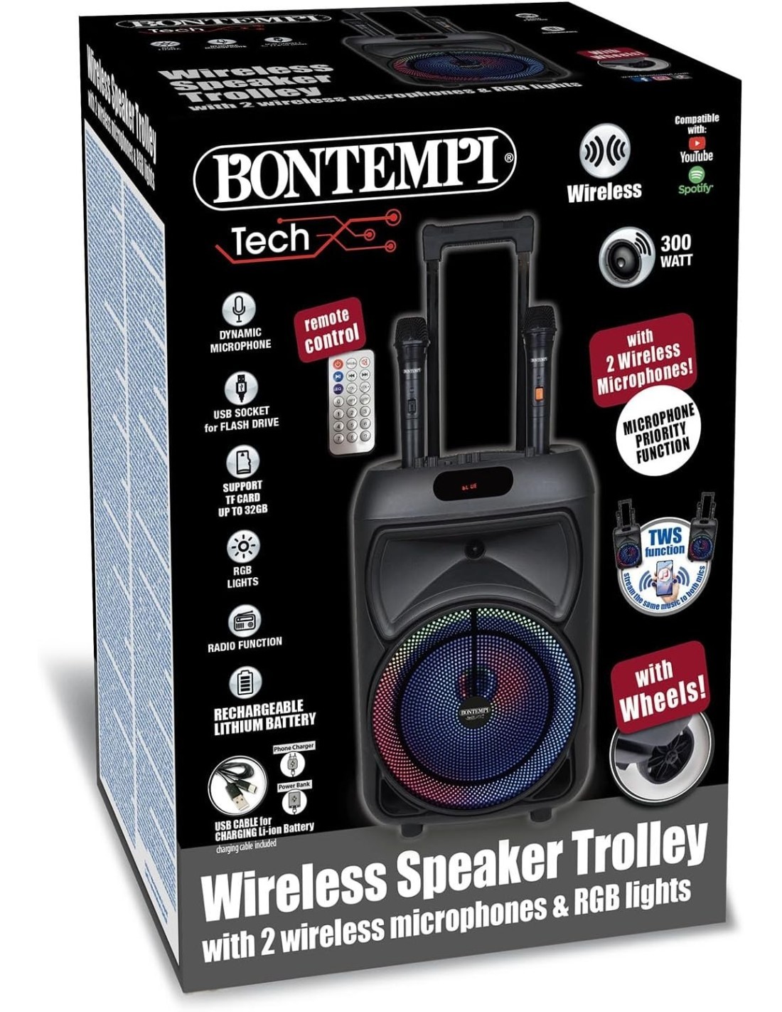 CASSA TROLLEY  WIRELESS 2 MICROFONI SENZA FILO, LUCI RGB, TELECOMANDO, DISPLAY, FUNZIONE TWS, 48X29X24 CM