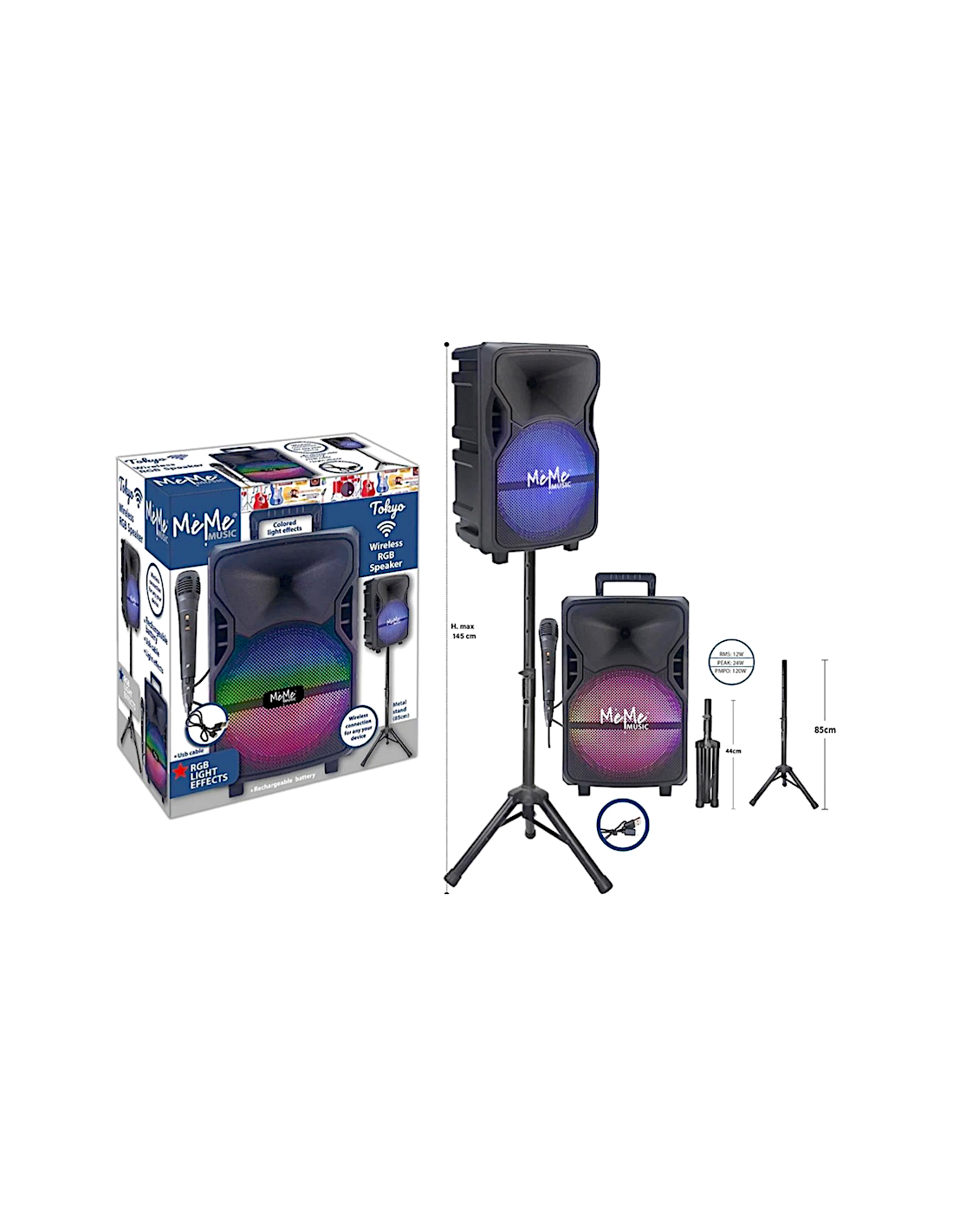 AMPLIFICATORE CON MICROFONO E STAND WIRELESS, LUCI LED RGB, ECO, BLUETOOTH, USB, AUX