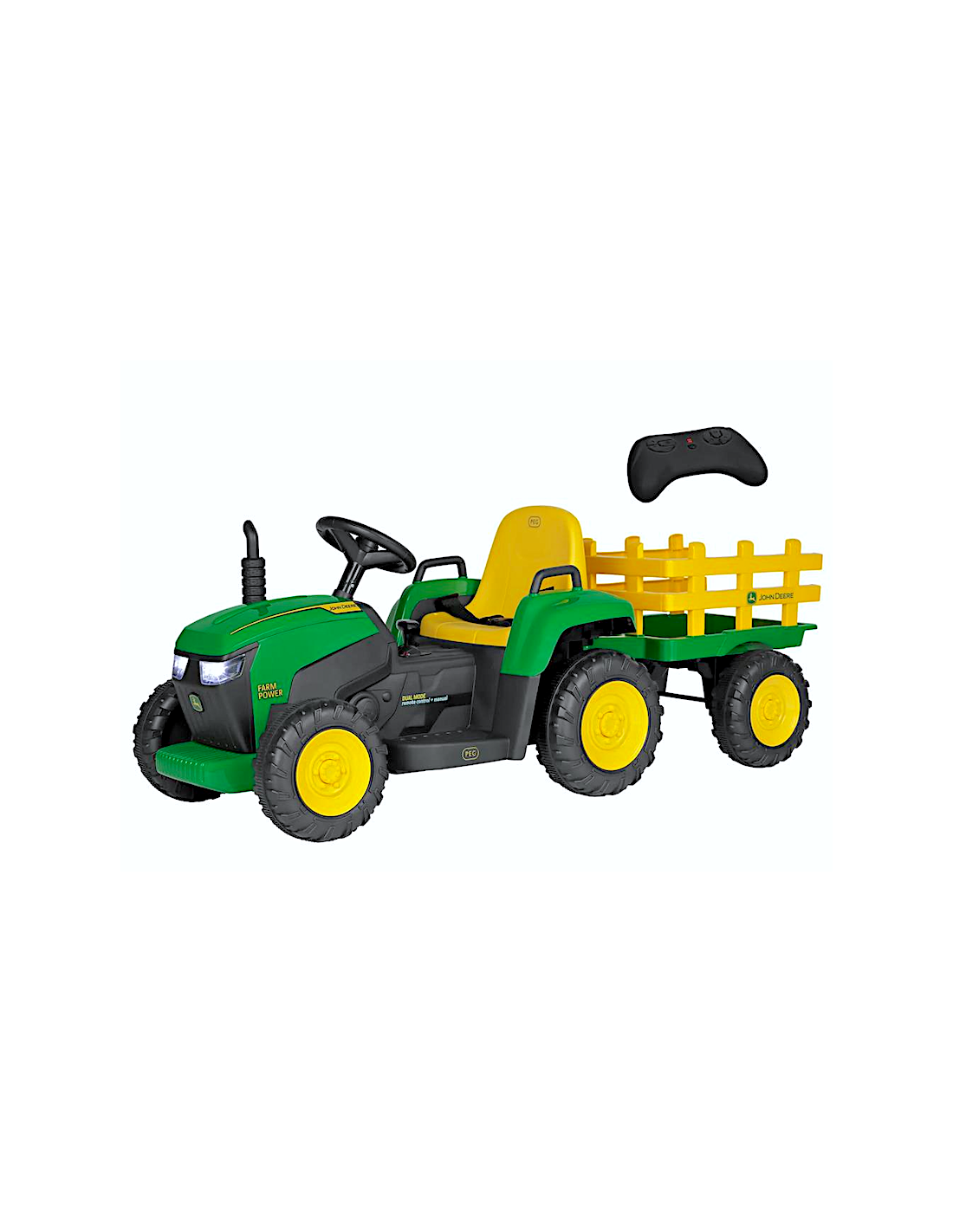 PEG PEREGO JOHN DEERE RC TRACTOR, TRATTORE ELETTRICO CAVALCABILE, TELECOMANDATO, 12V, CON RIMORCHIO, RADIO FM, 169,5X63X68 CM