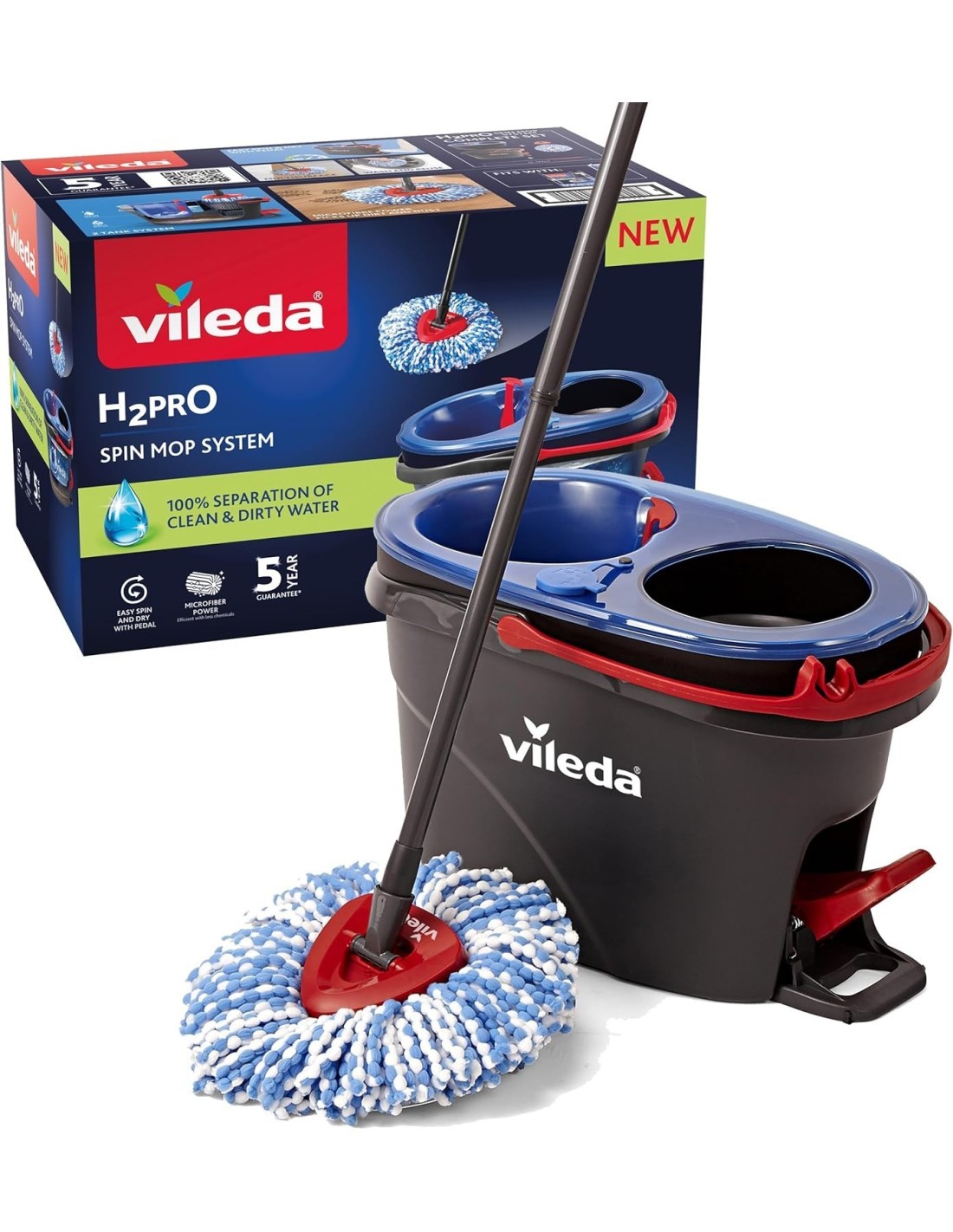 Vileda H2Pro Spin Mop System – Secchio con Strizzatore e Mocio Rotante