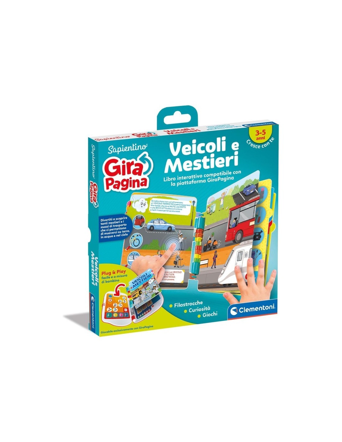 SAPIENTINO  CLEMENTONI LIBRO VEICOLI E MESTIERI COMPATIBILE CON GIRAPAGINA GIOCO EDUCATIVO PER BAMBINI