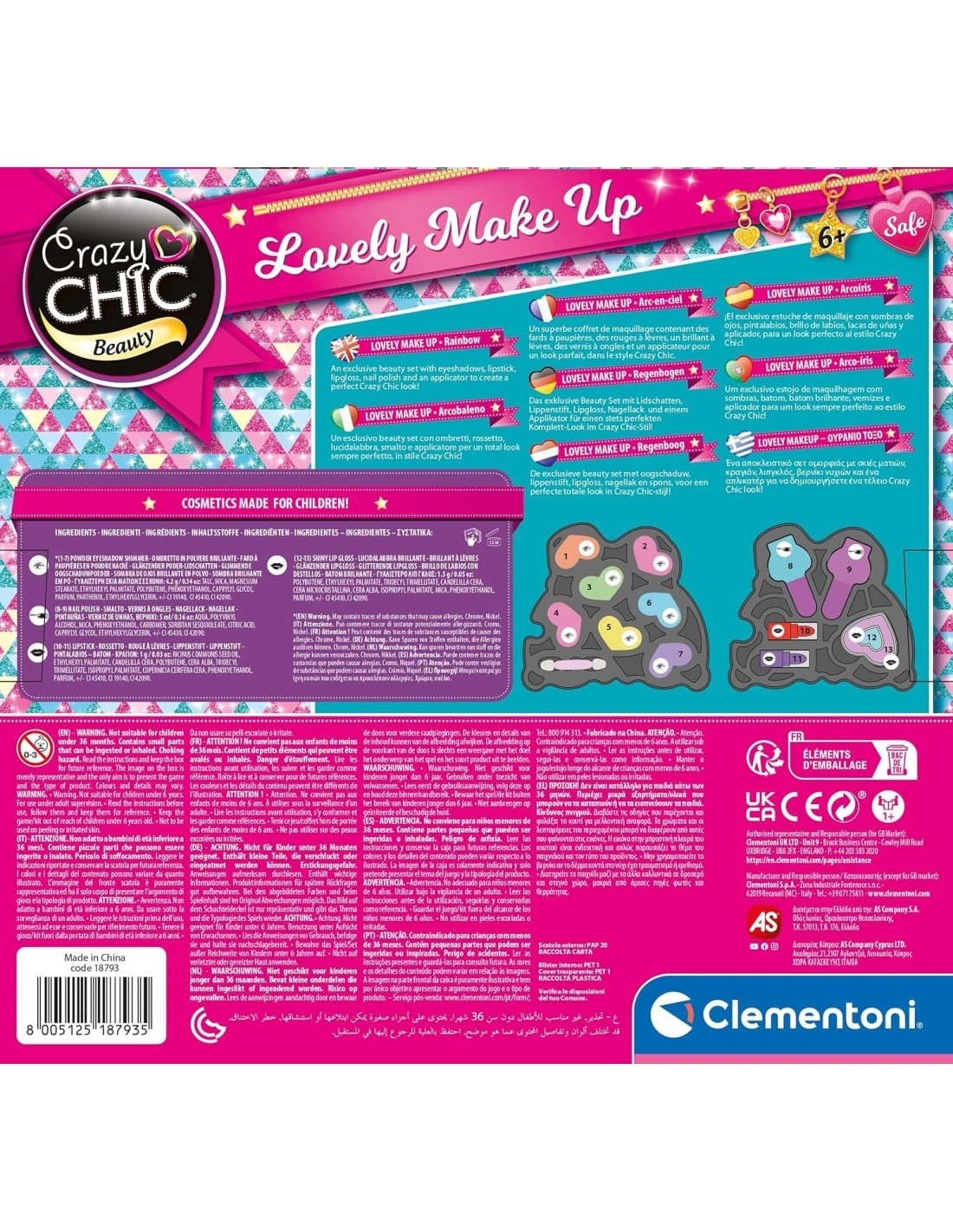 CRAZY CHIC MAKE-UP ARCOBALENO, CLEMENTONI, COFANETTO TRUCCHI, 6+ ANNI, 14X14X10 CM