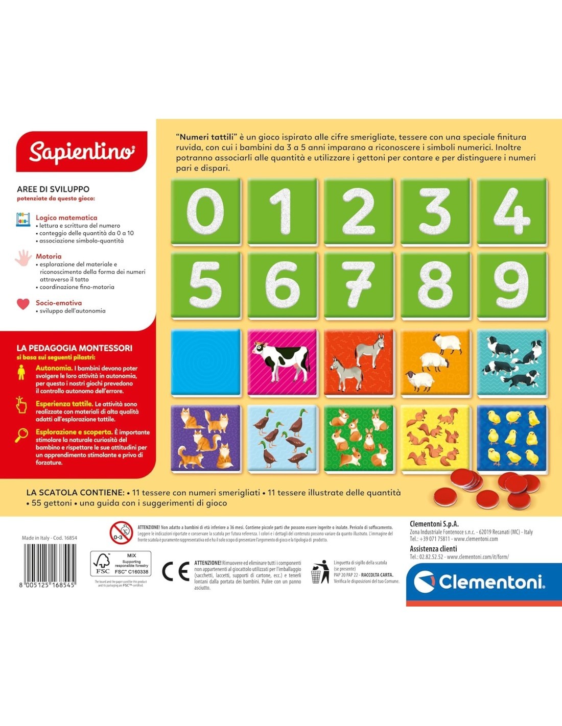 CLEMENTONI SAPIENTINO MONTESSORI NUMERI TATTILI GIOCO EDUCATIVO 3-5 ANNI FLASHCARDS METODO MONTESSORIANO
