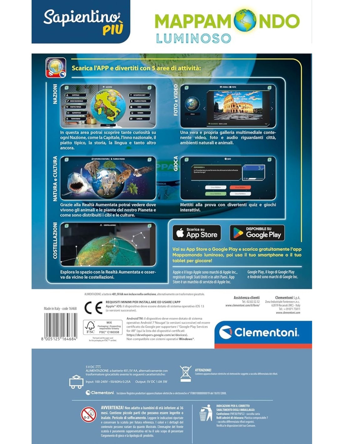 CLEMENTONI SAPIENTINO PIU  MAPPAMONDO LUMINOSO, CON APP DEDICATA