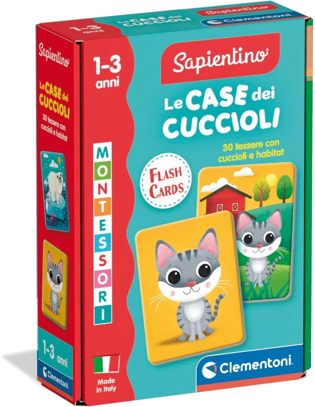 CLEMENTONI, SAPIENTINO BABY MONTESSORI, LE CASE DEI CUCCIOLI, FLASHCARDS EDUCATIVE,  48 CARTE TATTILI, ANIMALI E HABITAT