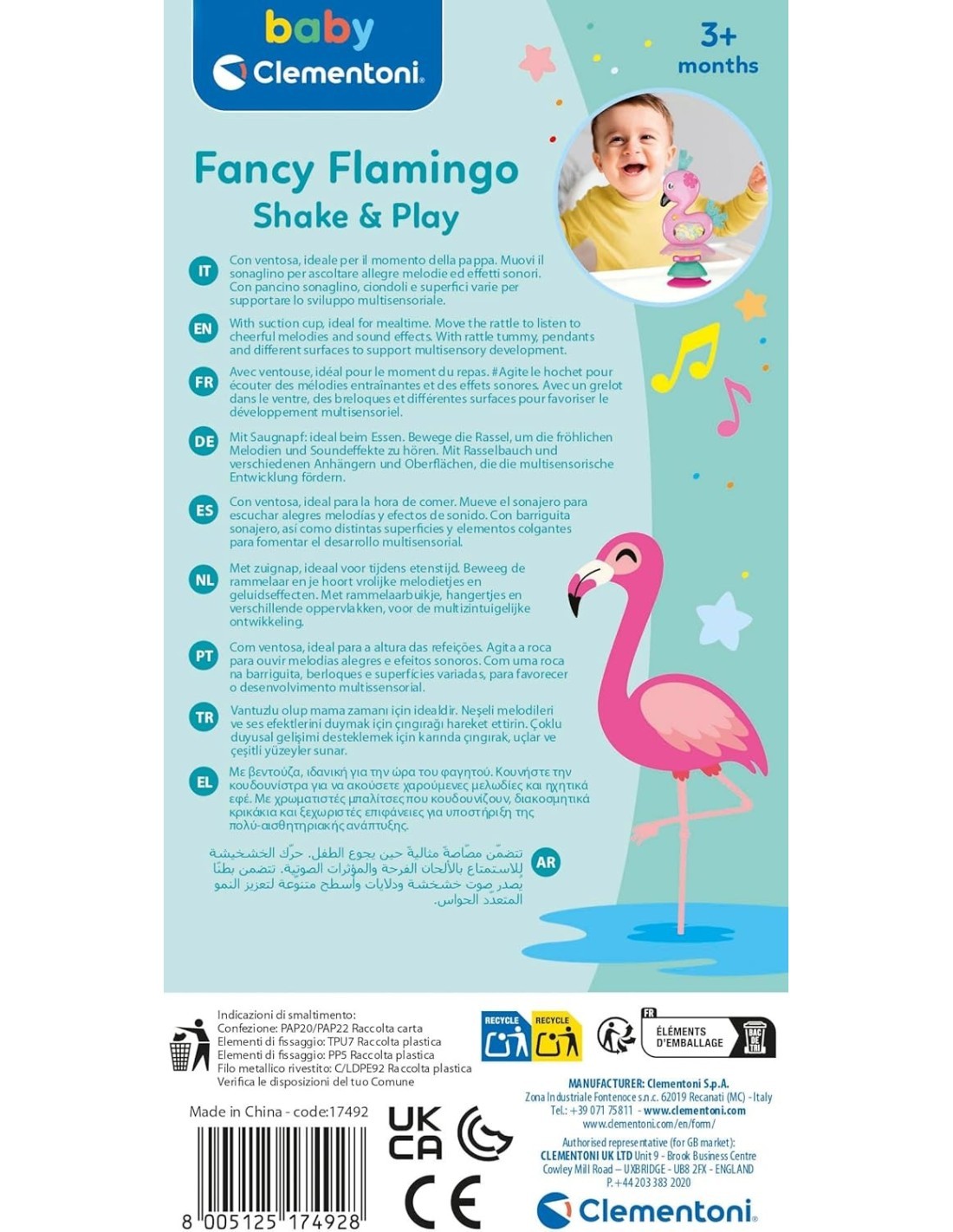 Clementoni Fancy Flamingo Sonaglino Interattivo per Prima Infanzia – Melodie e Colori Stimolanti