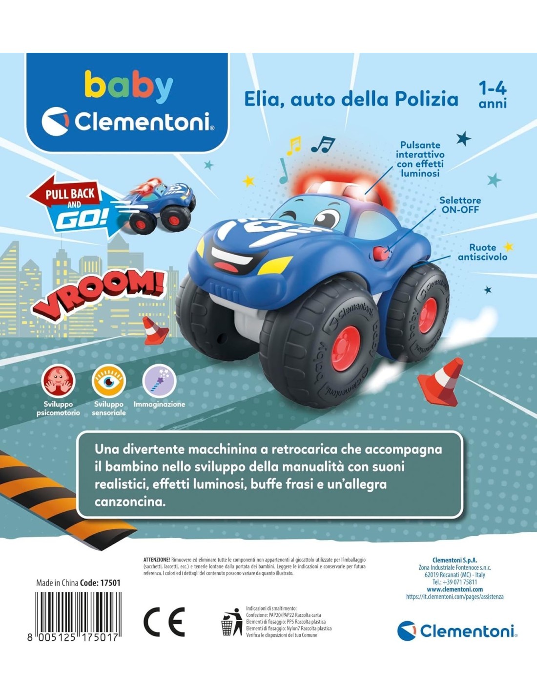 BABY CLEMENTONI, ELIA AUTO DELLA POLIZIA, MACCHININA BAMBINO, 1-4 ANNI, GIOCO PRIMA INFANZIA, SUONI E SIRENE