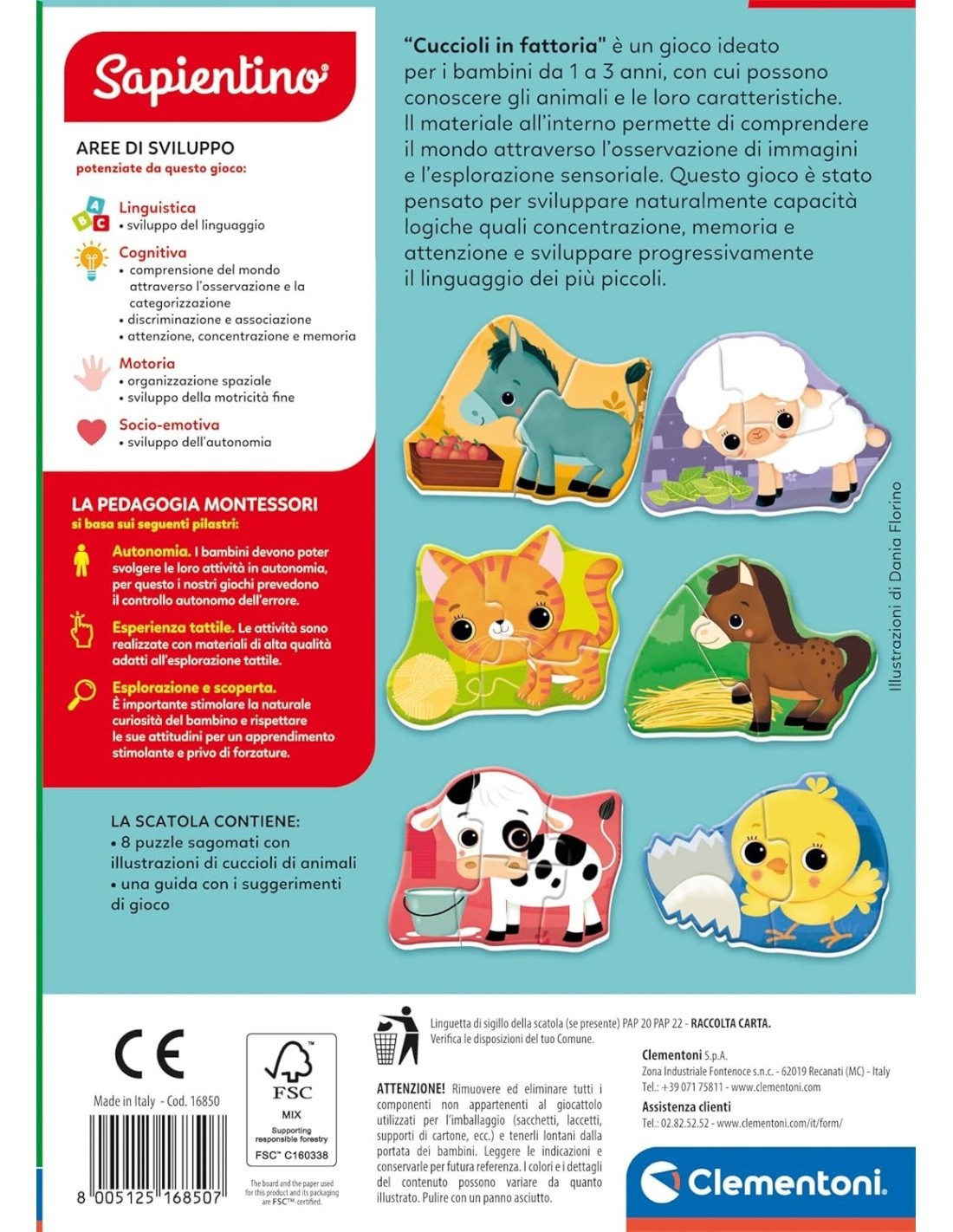 SAPIENTINO BABY 16850 CUCCIOLI IN FATTORIA, GIOCO EDUCATIVO MONTESSORI, PUZZLE SAGOMATI, 1-3 ANNI