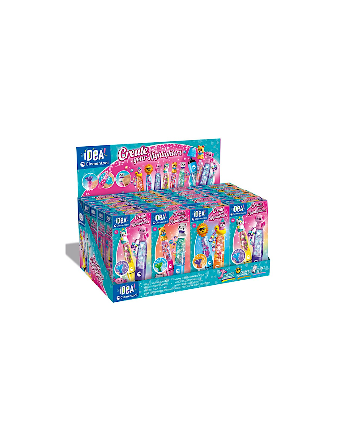 CLEMENTONI IDEA, CREATE YOUR HIGHLIGHTERS CRAZY SUMMER, LABORATORIO EVIDENZIATORI PERSONALIZZATI, KIT CREATIVO, ASSORTITO