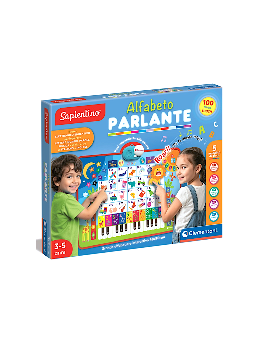 CLEMENTONI, SAPIENTINO ALFABETO PARLANTE, POSTER ELETTRONICO 48X70 CM, BILINGUE ITALIANO INGLESE, BAMBINI 3-5 ANNI