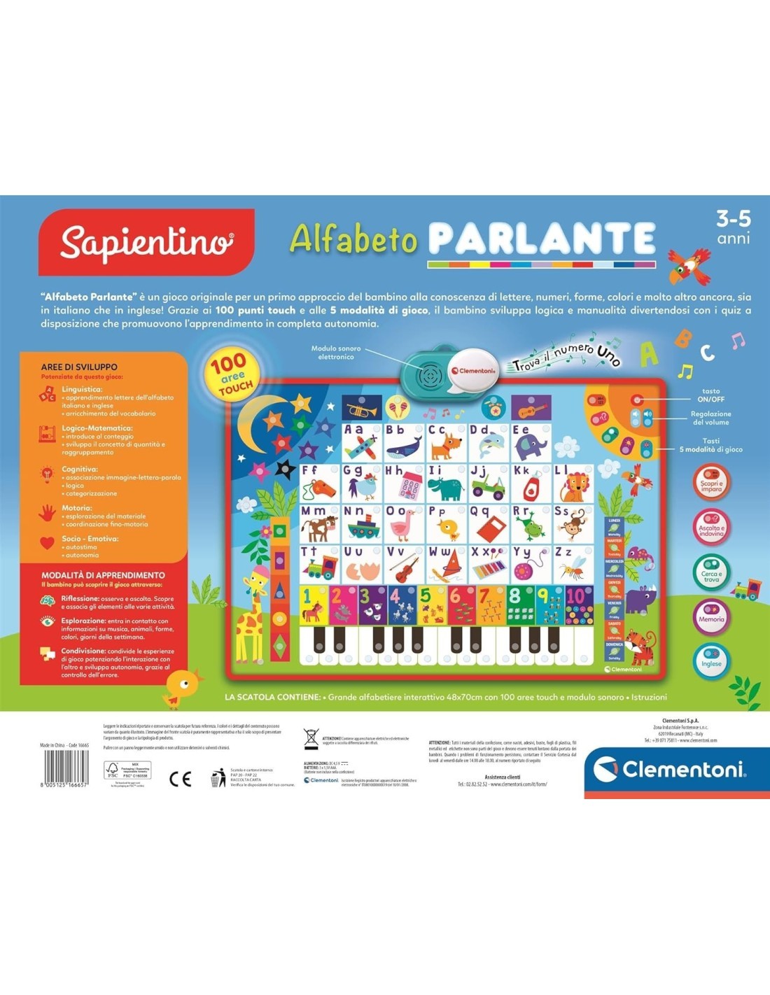 CLEMENTONI, SAPIENTINO ALFABETO PARLANTE, POSTER ELETTRONICO 48X70 CM, BILINGUE ITALIANO INGLESE, BAMBINI 3-5 ANNI