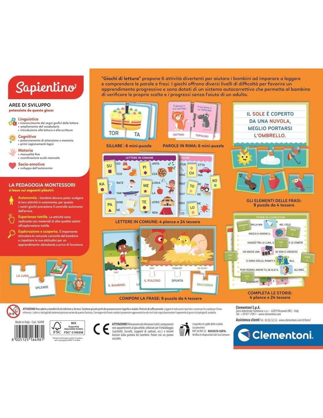 CLEMENTONI, SAPIENTINO GIOCHI DI LETTURA, 6 ATTIVITÀ EDUCATIVE, SCATOLA 37X28X5 CM, BAMBINI 4-6 ANNI