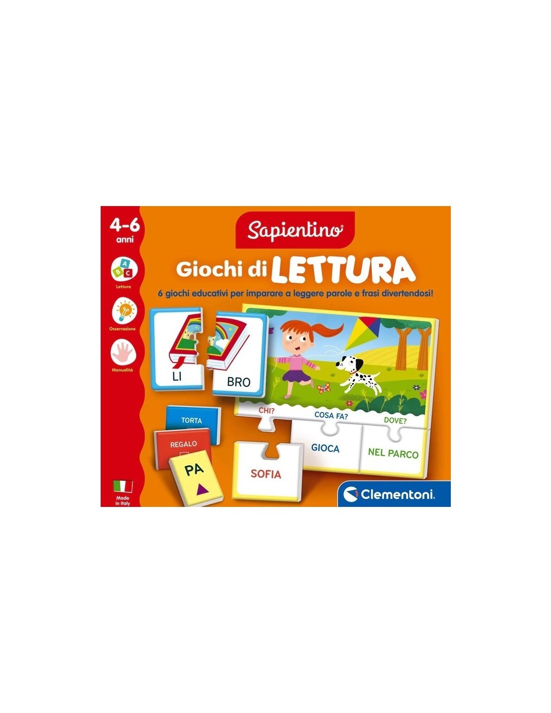 CLEMENTONI, SAPIENTINO GIOCHI DI LETTURA, 6 ATTIVITÀ EDUCATIVE, SCATOLA 37X28X5 CM, BAMBINI 4-6 ANNI
