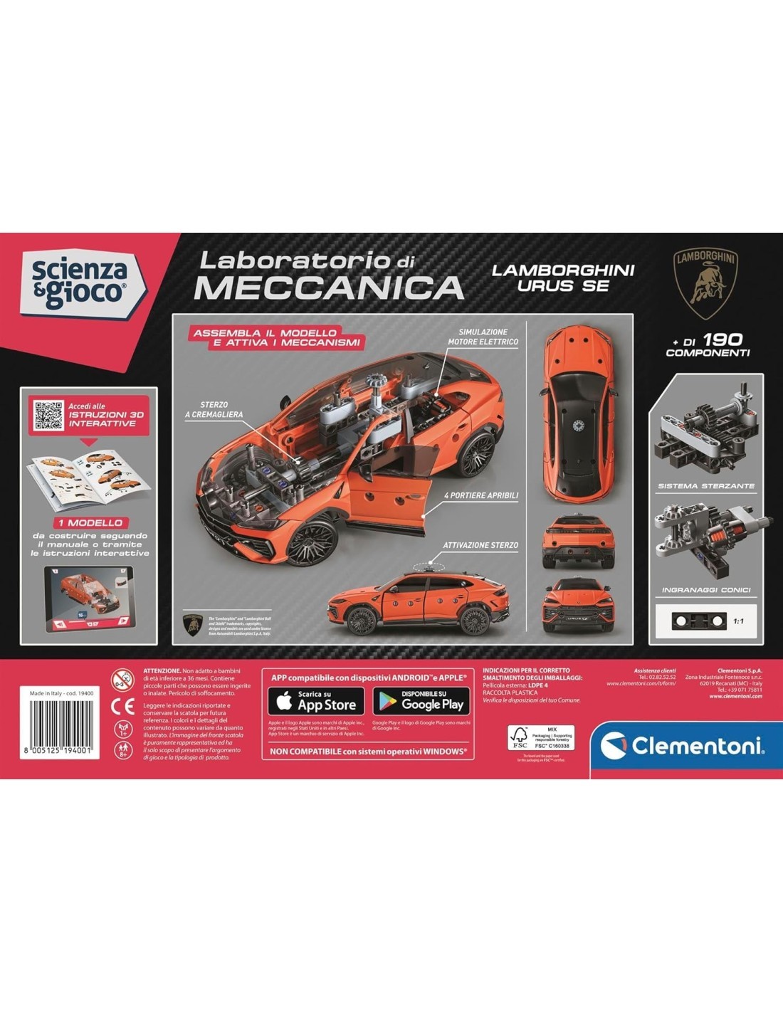 LABORATORIO DI MECCANICA, LAMBORGHINI URUS, CLEMENTONI, SCIENZA E GIOCO, COSTRUZIONI, 8+ ANNI