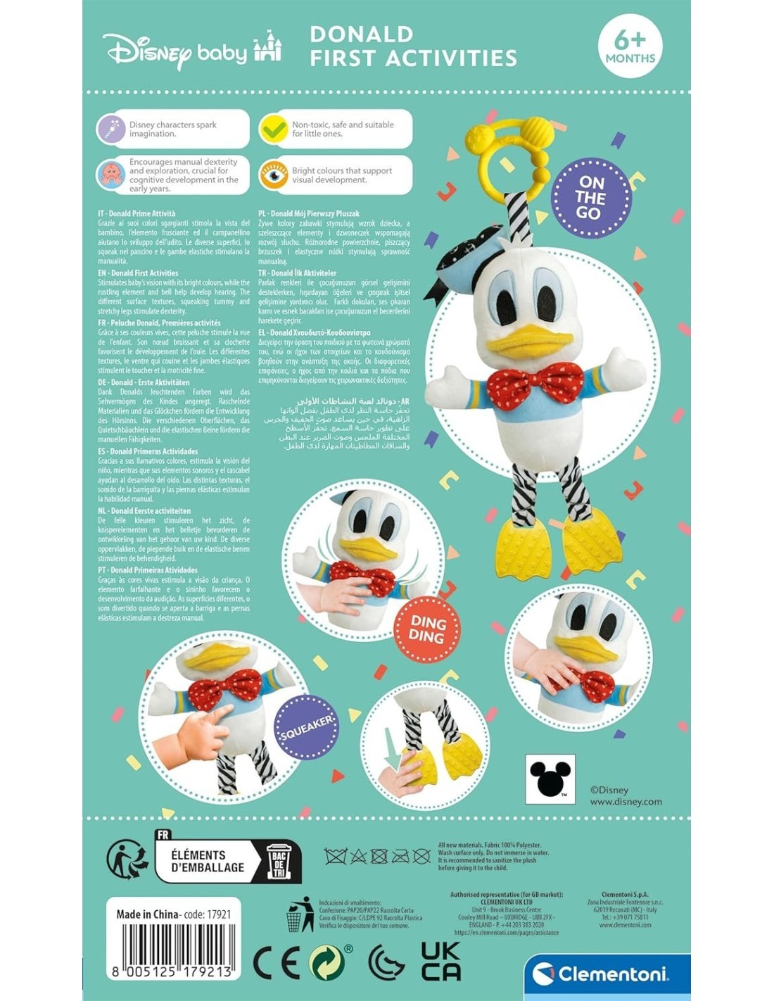 PAPERINO PELUCHE ATTIVITÀ, DISNEY BABY, CLEMENTONI, PUPAZZO PRIMA INFANZIA, GIOCO PASSEGGINO, MASSAGGIAGENGIVE, 6+ MESI