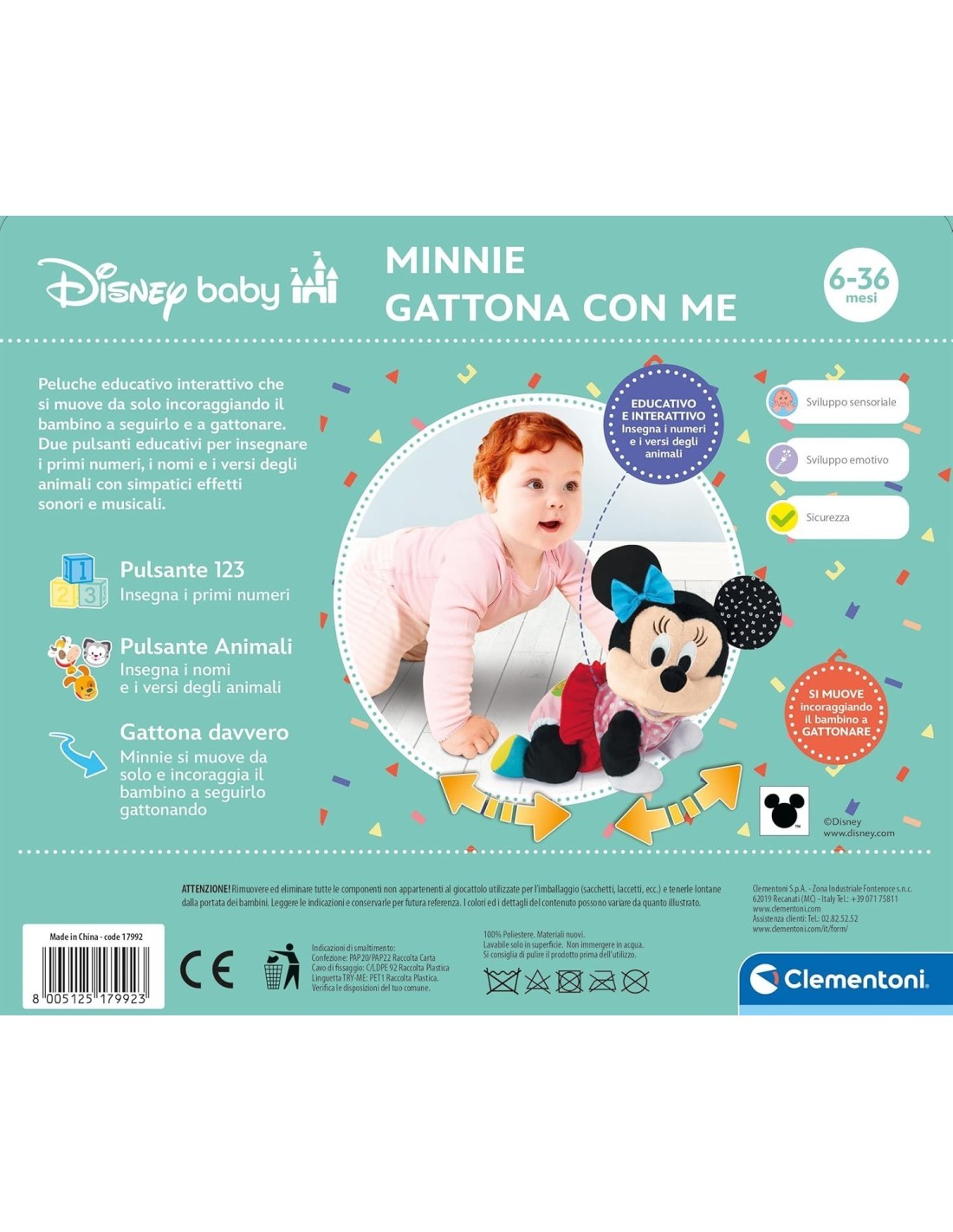 BABY MINNIE GATTONA CON ME, CLEMENTONI DISNEY BABY, PELUCHE INTERATTIVO, GIOCO SVILUPPO MOTORIO, 6+ MESI