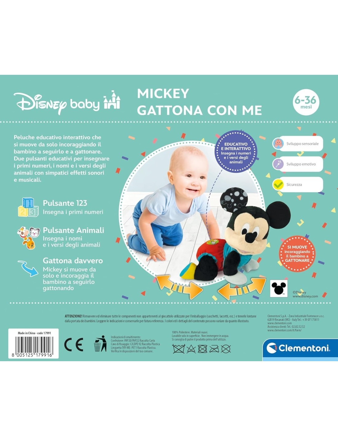 BABY MICKEY GATTONA CON ME, CLEMENTONI DISNEY BABY, PELUCHE INTERATTIVO, GIOCO SVILUPPO MOTORIO, 6-36 MESI