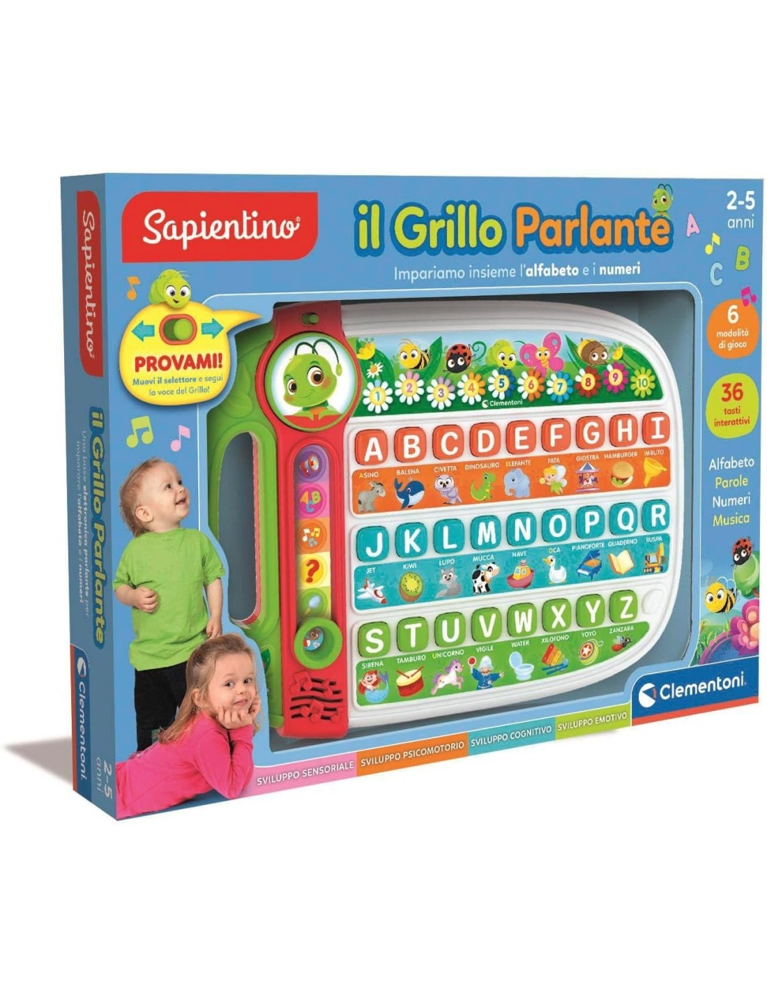 CLEMENTONI, SAPIENTINO IL GRILLO PARLANTE, GIOCO EDUCATIVO, 36 TASTI INTERATTIVI, 6 MODALITÀ DI GIOCO, ETÀ 2-5 ANNI